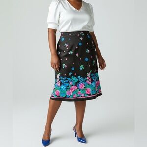 Colorful Floral Button Wrap Skirt size 14 Black Blue Pink Dress Barn Woman